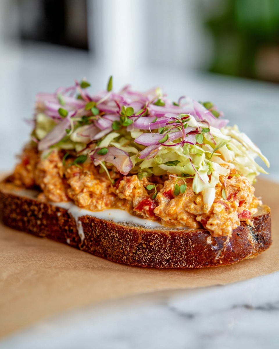 An open sandwich with four visible layers sits on a piece of paper with a white marbled surface blurred in the background. The bottom layer is a thick, toasted slice of dark brown bread with a rough, crunchy texture. Above the bread is a thin spread of white creamy sauce. Next is a thick layer of orange-tinted chunky filling with bits of red and yellow, looking moist and slightly chunky. The top two layers are green shredded cabbage and thinly sliced pink onions with small flecks of green herbs, adding a fresh and crisp look. Some sauce drips slightly down the side. Photo taken with an iphone --ar 4:5 --v 7