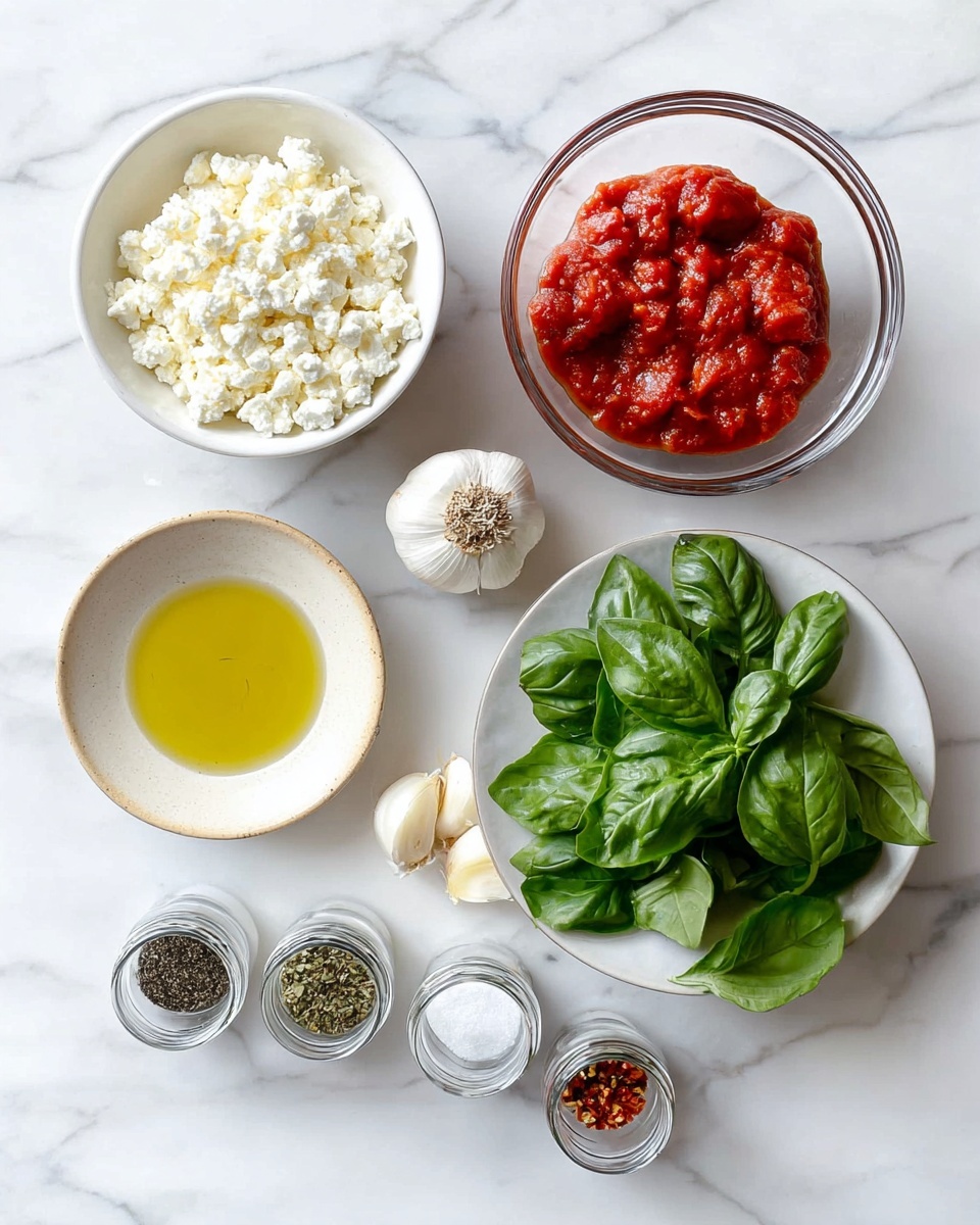 The image shows several ingredients on a white marbled surface arranged neatly. At the top left, a white bowl is filled with white, crumbly cheese. To its right, a clear glass bowl holds chunky red tomato sauce. Below the cheese bowl, a small white plate with a light beige rim contains light yellow olive oil. Near the center, there is a whole bulb of garlic with three peeled cloves resting next to it. To the right, a white plate with fresh green basil leaves fills most of the plate. At the bottom, four small clear glass jars with metal lids are placed horizontally: one with white salt, one with black pepper, one with dried herbs in light green shade, and one with red chili flakes. The overall presentation is clean and bright. photo taken with an iphone --ar 4:5 --v 7