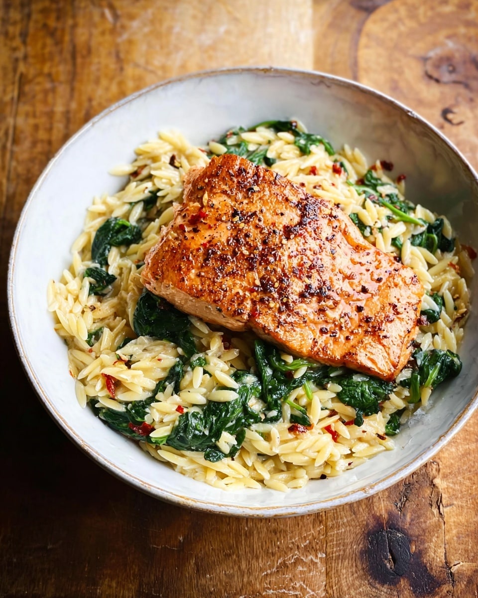 A white bowl is filled with a creamy light yellow orzo pasta mixed with dark green spinach leaves and some small red chili flakes scattered throughout. On top, there is a large, golden-brown grilled salmon fillet with a slightly crispy texture and visible seasoning of cracked black pepper and red pepper flakes. The dish rests on a wooden table, but the background should be imagined as a white marbled surface. photo taken with an iphone --ar 4:5 --v 7