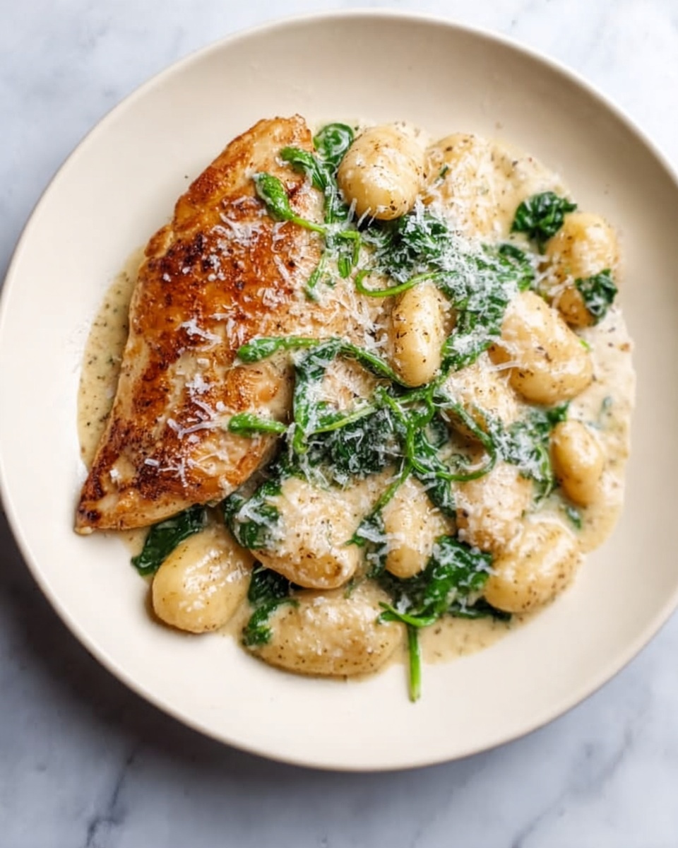 A white plate shows a cooked chicken piece on the left side, golden brown with some greens on top. On the right side of the plate, there is a creamy sauce with soft gnocchi pieces mixed with green spinach leaves. Grated cheese is sprinkled on the sauce, gnocchi, and chicken, adding a delicate white texture. The plate sits on a white marbled surface photo taken with an iphone --ar 4:5 --v 7