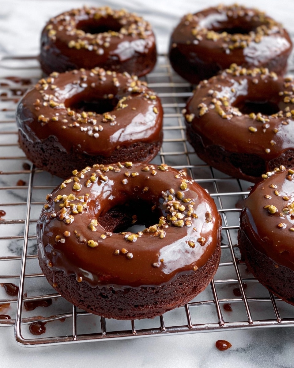 The image shows six dark chocolate donuts with a smooth and shiny chocolate glaze covering the top layer, making the surface reflective. Each donut has small bits of light brown and white sprinkles scattered evenly over the glaze. The donuts sit on a silver wire cooling rack, with some chocolate drips and sprinkles on the white marbled surface below. The texture of the donuts looks soft and dense, contrasting with the glossy glaze. Photo taken with an iphone --ar 4:5 --v 7