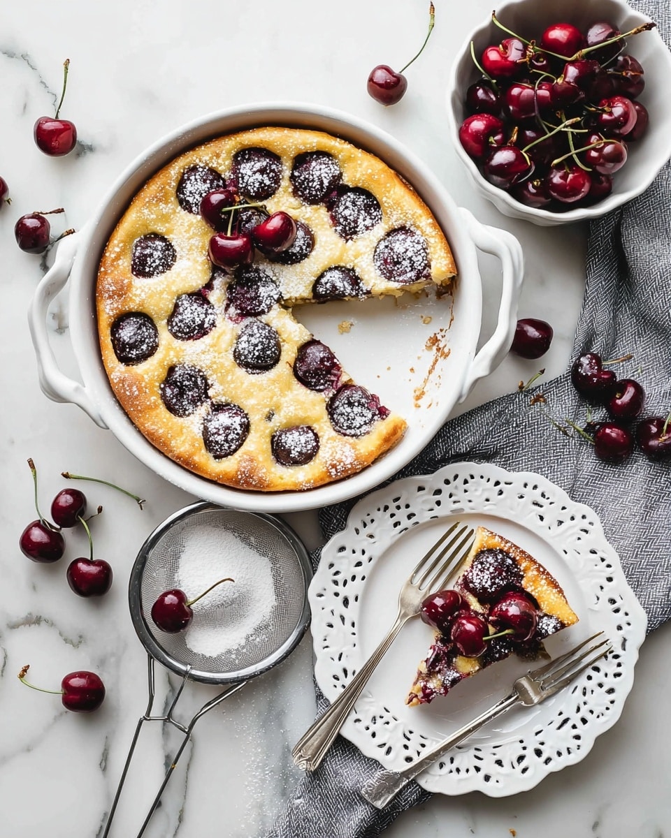 A round white ceramic dish filled with a baked dessert that has a smooth golden-yellow base layer topped evenly with dark red cherries, some showing a shiny glazed texture. The cherries are pressed into the base and slightly sunken with a few small spots where cherry juice has leaked out near the edges. The dish sits on a black circular cooling rack over a white marbled surface, with a light gray cloth partially visible in the top left corner. photo taken with an iphone --ar 4:5 --v 7