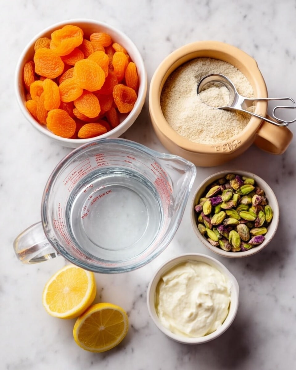 The image shows six bowls and items on a white marbled surface. There is a white bowl filled with bright orange dried apricots at the top center. To the right, there is a tan measuring cup filled with light beige sugar and a metal scoop inside. Below the apricots, a small white bowl holds green and purple pistachios. In the center, there is a clear glass measuring cup with water. To the right of the water, there is a white measuring cup filled with white soft cream or butter. At the bottom left, a lemon is cut in half showing its juicy yellow inside. The scene is bright and clean, photo taken with an iphone --ar 4:5 --v 7