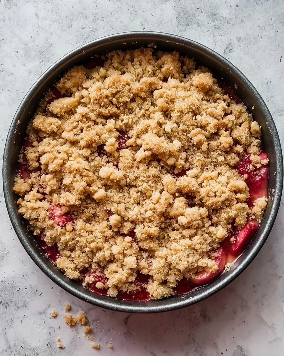 A round cake pan filled with a dessert that has two main layers: the bottom layer is a bright pinkish-red fruit filling, partially visible through gaps, and the top layer is a crumbly, light brown streusel topping made of uneven-sized clusters. The pan sits on a white marbled surface, showing some crumbs scattered near the base. The dessert looks ready to be baked or just taken out of the oven. Photo taken with an iphone --ar 4:5 --v 7