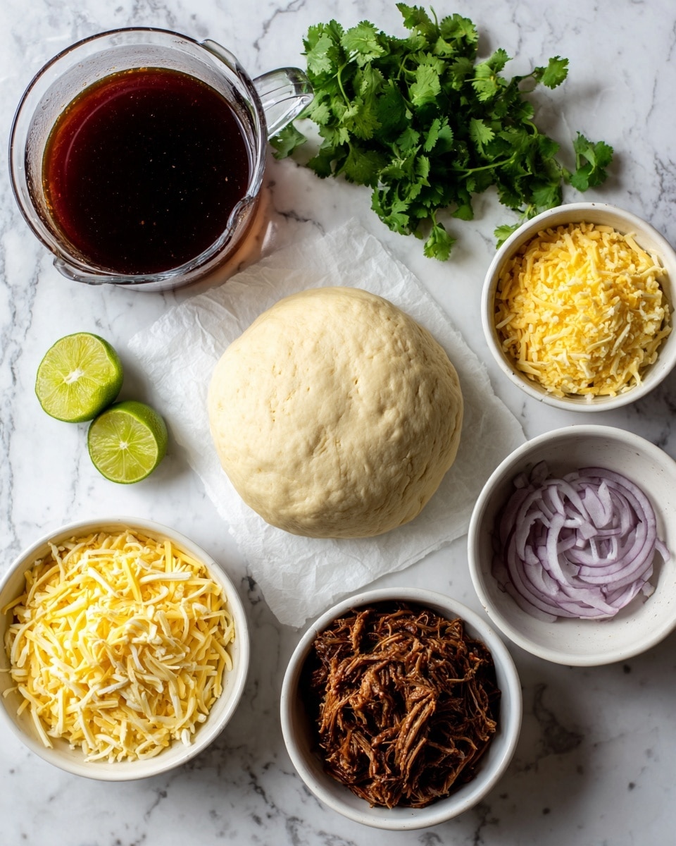 The image shows ingredients arranged on a white marbled surface, including a ball of beige pizza dough placed in the middle on a white paper. To the left of the dough, there is a clear measuring cup filled with dark red birria consommé. Below this is a small white bowl with yellow cornmeal, next to fresh green cilantro and lime halves on the left side. To the right of the dough, there are two white bowls, one filled with shredded pale yellow Oaxaca cheese on the top, and another holding dark brown shredded birria meat below. At the bottom right is a small white bowl with thinly sliced light purple red onion. The colors and textures of each ingredient contrast nicely against the clean white marbled background, showing a fresh, prepared feel photo taken with an iphone --ar 4:5 --v 7