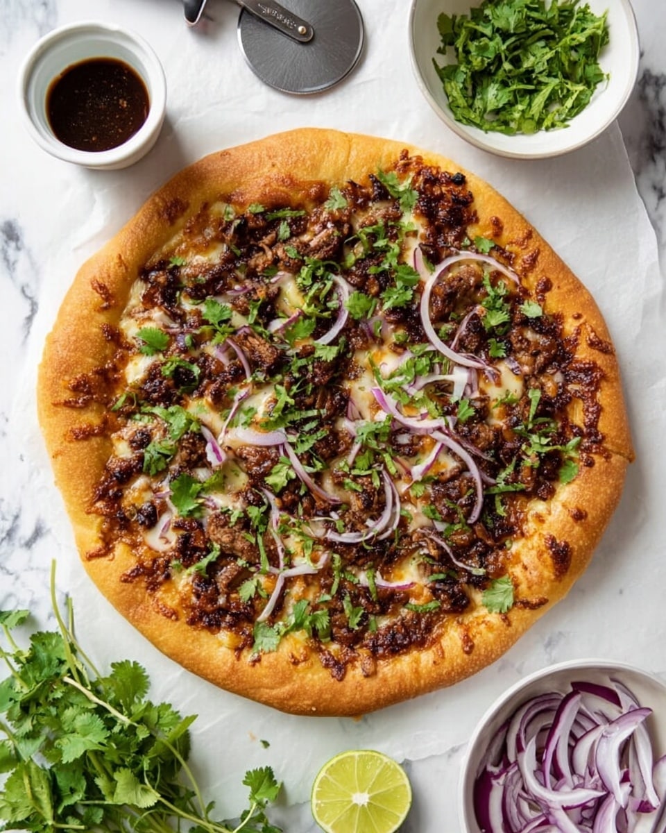 A round pizza divided into six slices sits on white parchment paper atop a white marbled surface. The pizza has a golden-brown crust with a slightly puffy edge. The base layer is melted cheese, warmed to a light golden color. On top, there is a layer of dark brown shredded cooked mushrooms spread evenly. Thin slices of light purple onion are scattered on top with small pieces of green cilantro leaves distributed across the pizza for color contrast. A wedge of lime and a small white ramekin filled with dark brown sauce sit beside the pizza. Fresh green cilantro sprigs lie on the white marbled surface near the pizza. Photo taken with an iphone --ar 4:5 --v 7