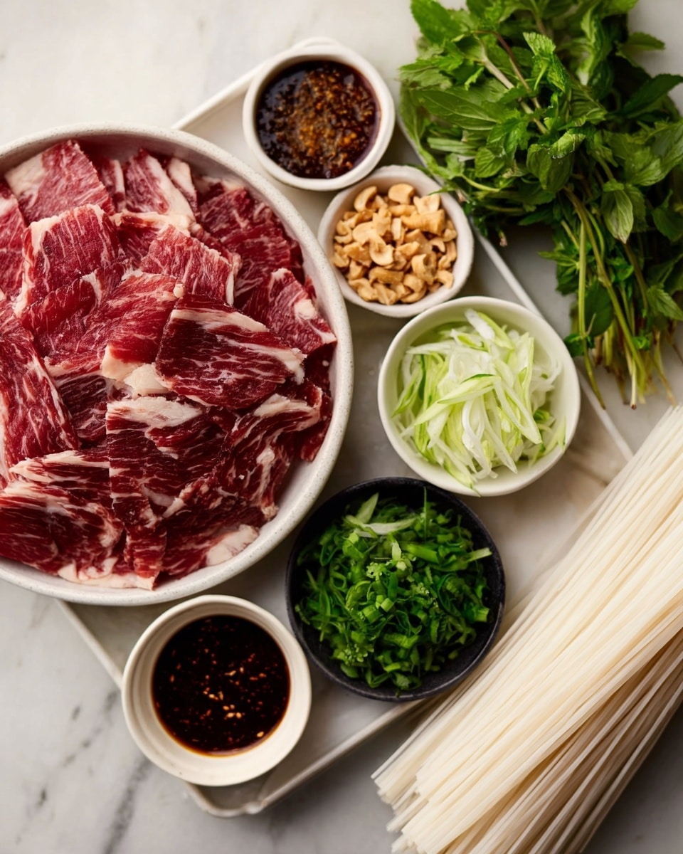 The image shows a white bowl filled with thin slices of marbled raw meat placed near a cluster of white noodles that have a smooth texture. Above these, there are small white dishes with a variety of ingredients: dark brown sauce, fresh green chopped herbs, thinly sliced light green vegetables, and light brown crushed nuts. The background is a white marbled surface, and a woman's hand holds a bunch of noodles on the right side. Photo taken with an iphone --ar 4:5 --v 7