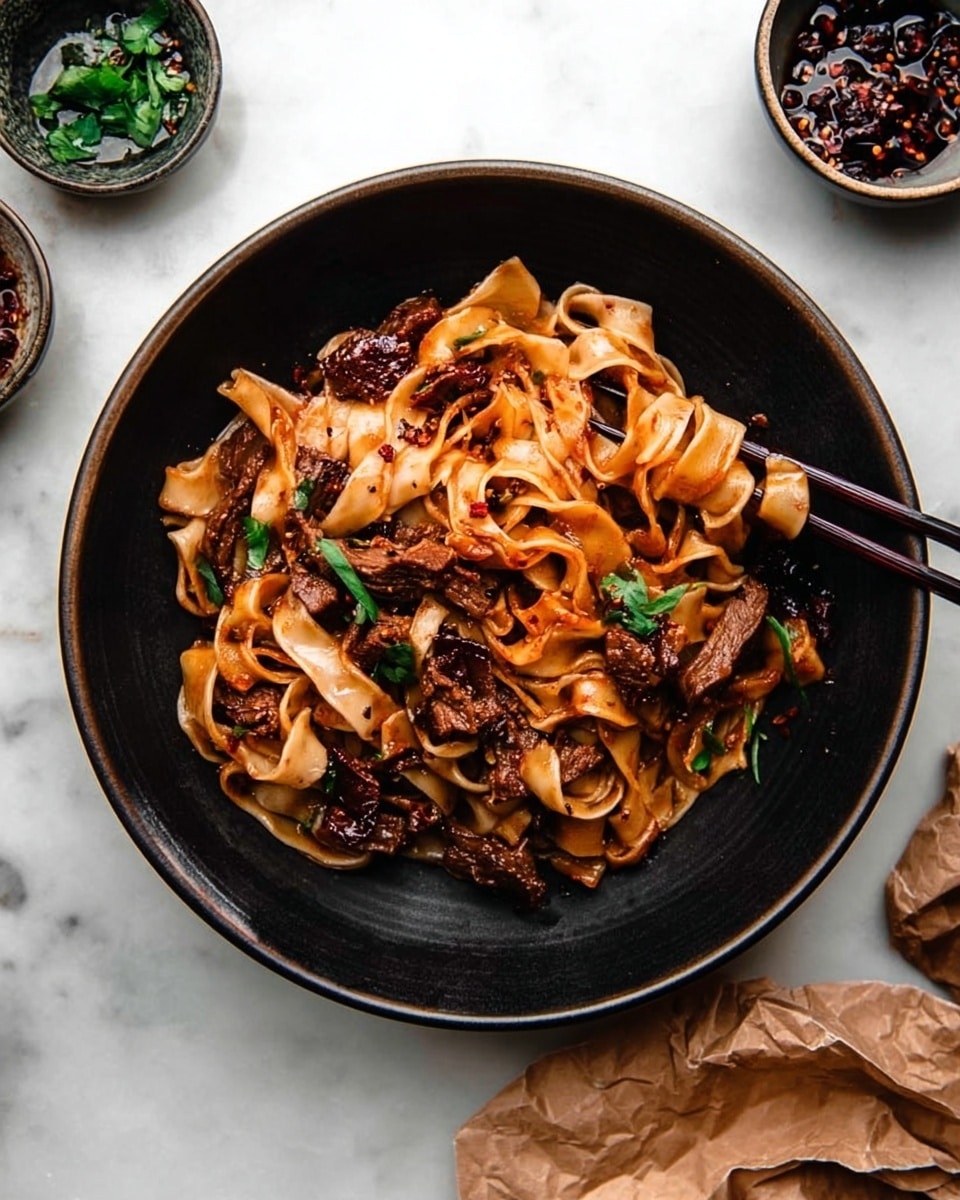 A dark bowl sits on a white marbled surface, filled with three layers of wide, flat noodles mixed with pieces of cooked dark brown meat. The noodles have a glossy, slightly oily look with some reddish-brown sauce coating them. Small green herb leaves are scattered on top, adding a fresh touch. Black chopsticks rest on the edge of the bowl with their ends dipped in the noodles. Around the bowl are small dishes with dark sauce and green herbs. A crumpled brown paper lies on the surface near the bowl. photo taken with an iphone --ar 4:5 --v 7
