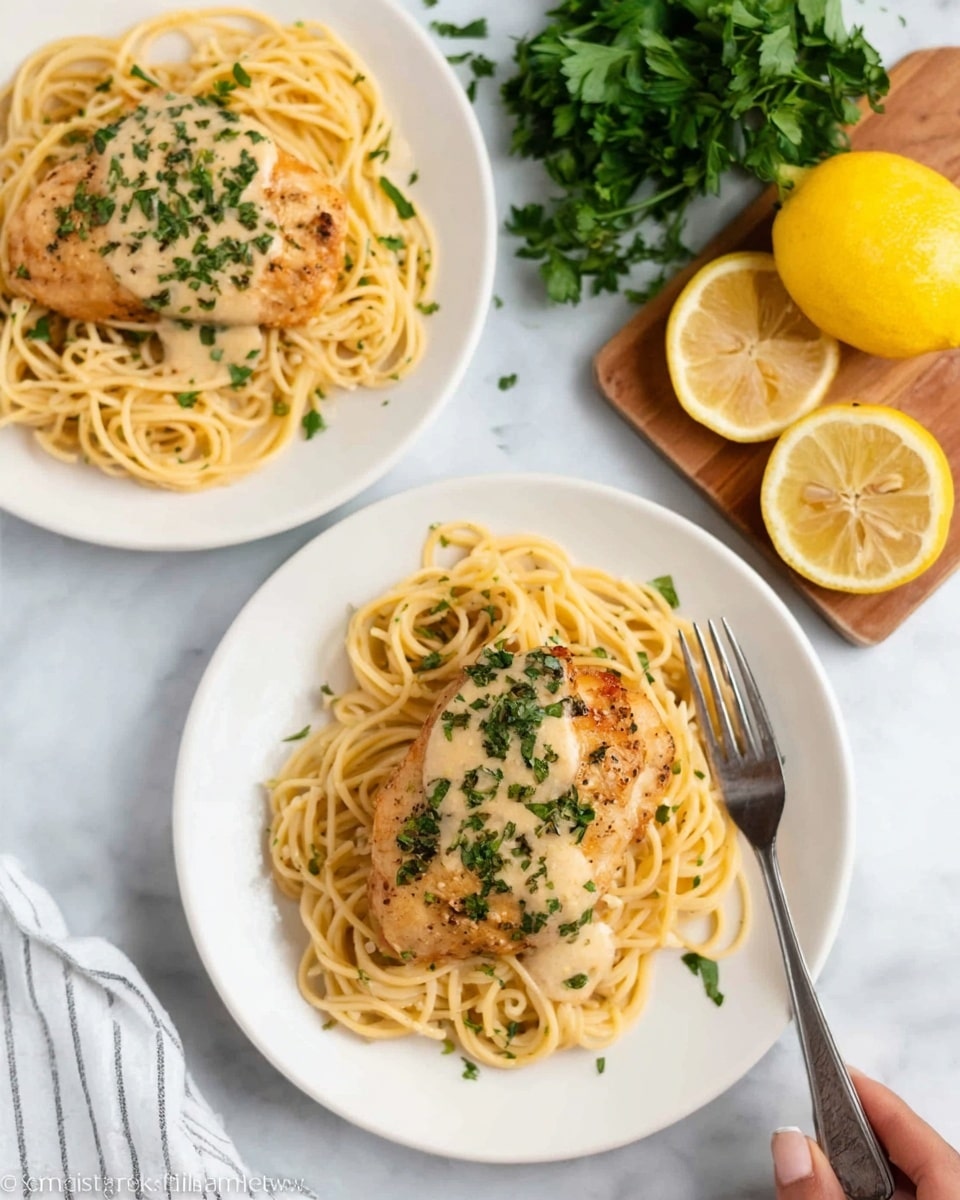 Two white plates sit on a white marbled surface, each with a serving of light golden spaghetti noodles arranged in a loose circle. On top of the noodles is a golden brown cooked chicken piece with a creamy light beige sauce drizzled over it. Small green parsley flakes are sprinkled over the sauce and chicken for a fresh touch. On the right side of the image, slices of bright yellow lemon rest on a wooden board and directly on the white marble surface. A small bunch of fresh green parsley lies nearby. A woman's hand holding a fork is partly visible near one of the plates. photo taken with an iphone --ar 4:5 --v 7