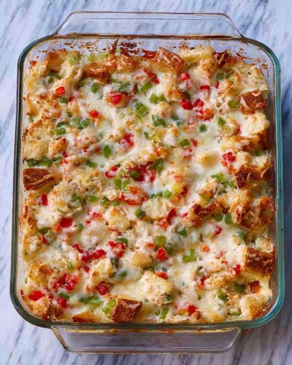 A clear glass baking dish filled with a baked casserole that has a melted cheese layer on top, mixed with chunks of white and light brown pieces, and dotted with small bright red and green bits scattered evenly across. The casserole has a creamy, slightly browned texture on the surface. The dish is placed on a white marbled surface. Photo taken with an iphone --ar 4:5 --v 7