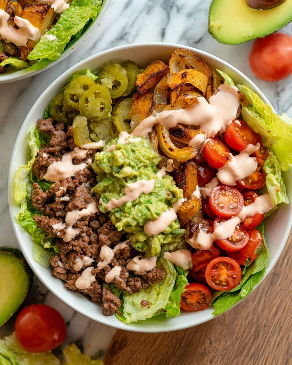 The dish is a white bowl filled with layers starting with green romaine lettuce at the bottom. Over the lettuce, there are bright red cherry tomato halves scattered mainly on one side. On top of the tomatoes and lettuce is a layer of cooked ground beef in small chunks, brown in color. Next to the beef is a mound of chunky green guacamole. Beside it are crinkly sliced green pickles and a few golden crispy pieces of cooked meat. Lightly grilled, translucent onion rings spread across different areas of the bowl. The whole dish is topped with a light pink creamy sauce drizzled over all the layers. The bowl sits on a white marbled surface with halved avocados and cherry tomatoes around it. Photo taken with an iphone --ar 4:5 --v 7