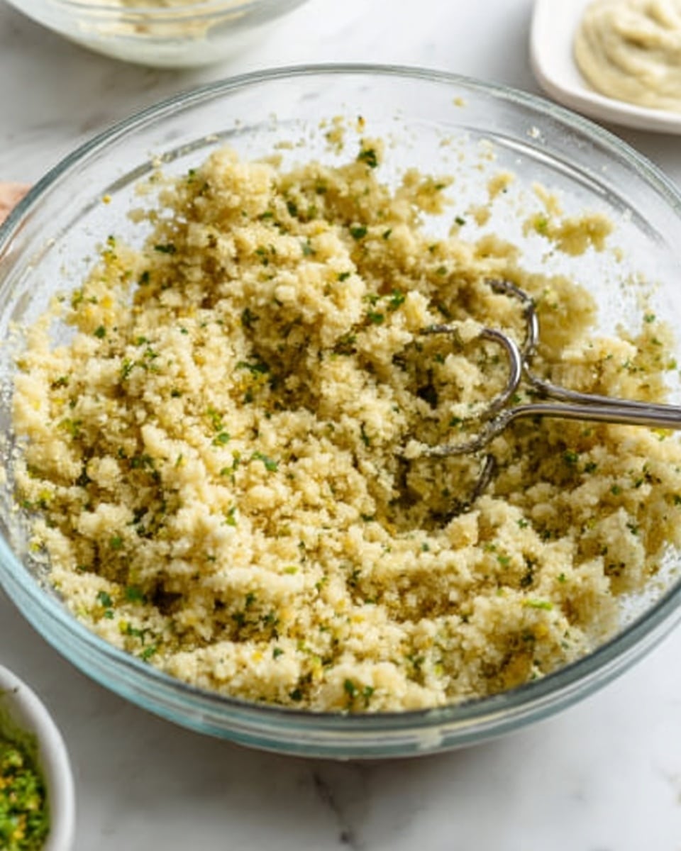 A clear glass bowl filled with a crumbly, pale yellow mixture with small green specks, likely herbs or spices, sits on a white marbled surface. A metal mixer attachment is partially visible inside the bowl, touching the mixture. Around the bowl, there are partial views of a couple of white dishes holding smooth pastes, one light green and the other creamy white. The setting is bright and clean, focused on the bowl and its contents. Photo taken with an iphone --ar 4:5 --v 7