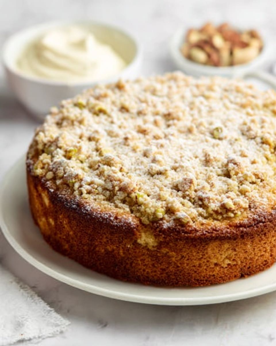 A round cake with a thick golden brown crust sits on a white plate. The top is covered in a light layer of crumbly, pale powdered sugar and small pieces of chopped nuts, creating a rough texture. The cake looks dense and moist with a soft crumb visible at the edges. In the background, there is a small white bowl filled with a smooth, off-white cream on a white marbled surface. Photo taken with an iphone --ar 4:5 --v 7
