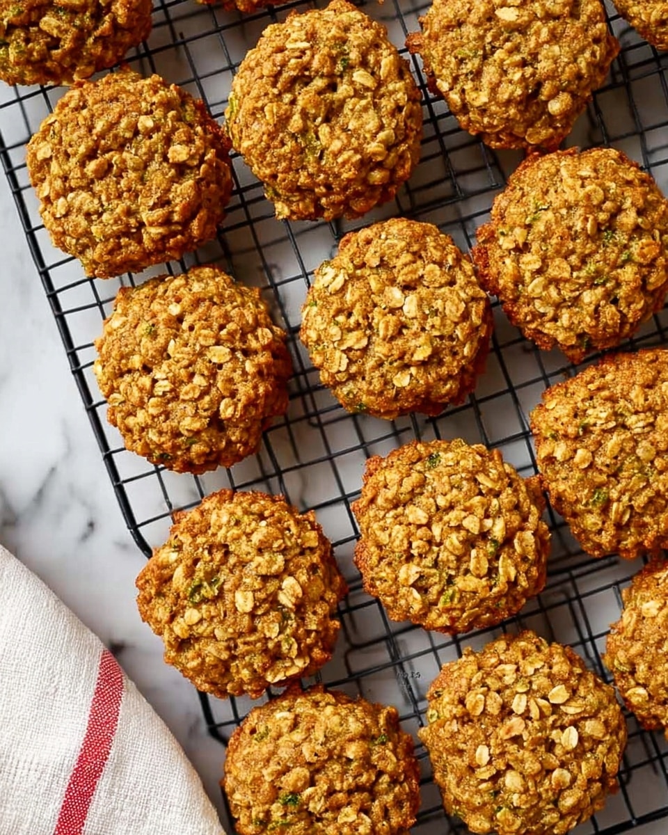The image shows a black wire cooling rack filled with round oatmeal cookies, arranged in three rows with four cookies each, except the last row that has three. The cookies have a rough, bumpy texture with visible oats and small green bits scattered inside, giving them a natural, homemade look. The colors range from light golden brown to darker brown, indicating they are baked. The surface beneath the rack is a white marbled texture, and a white and red striped cloth is partially visible in the bottom right corner. Photo taken with an iphone --ar 4:5 --v 7