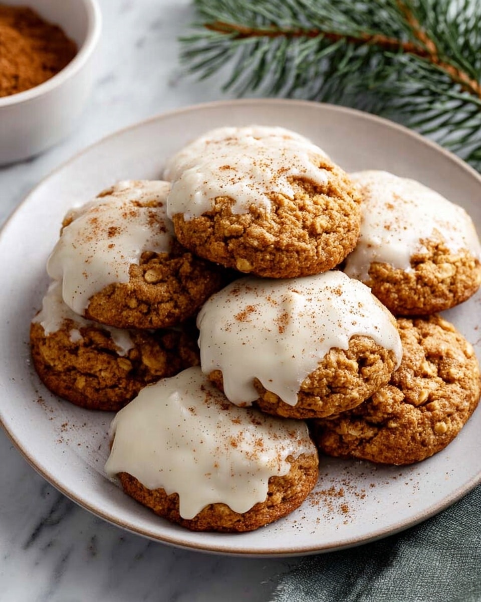 A white plate holds a stack of round oatmeal cookies with a rough texture, each cookie half-coated with a thick, smooth white icing sprinkled with a light dusting of cinnamon on top. The cookies are golden-brown and slightly cracked, showing their soft, crumbly interior. Around the plate is a white marbled surface, with some cinnamon powder in a white bowl to the side and green pine branches touching the edge of the frame. photo taken with an iphone --ar 4:5 --v 7