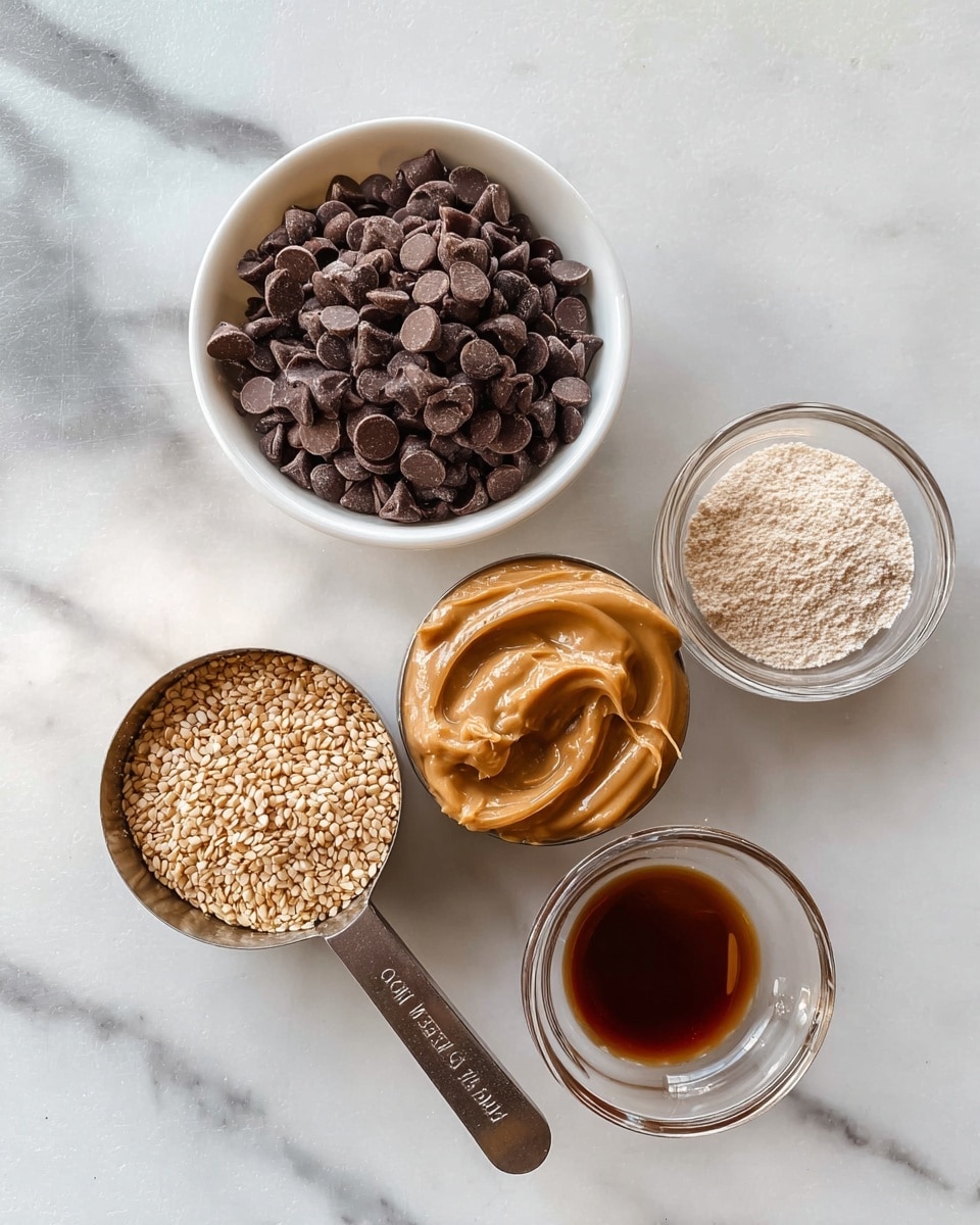 The image shows five small containers with baking ingredients arranged on a white marbled surface. On the left, a white bowl filled with dark brown chocolate chips is visible. Below it, a metal measuring cup holds light brown sesame seeds. Next to it, another metal measuring cup is filled with creamy tan peanut butter. To the right, there are two small clear glass bowls, one with a light beige powder and the other with a shiny dark amber liquid, likely vanilla extract. The items are spaced apart neatly and the light creates soft shadows around each container. Photo taken with an iphone --ar 4:5 --v 7