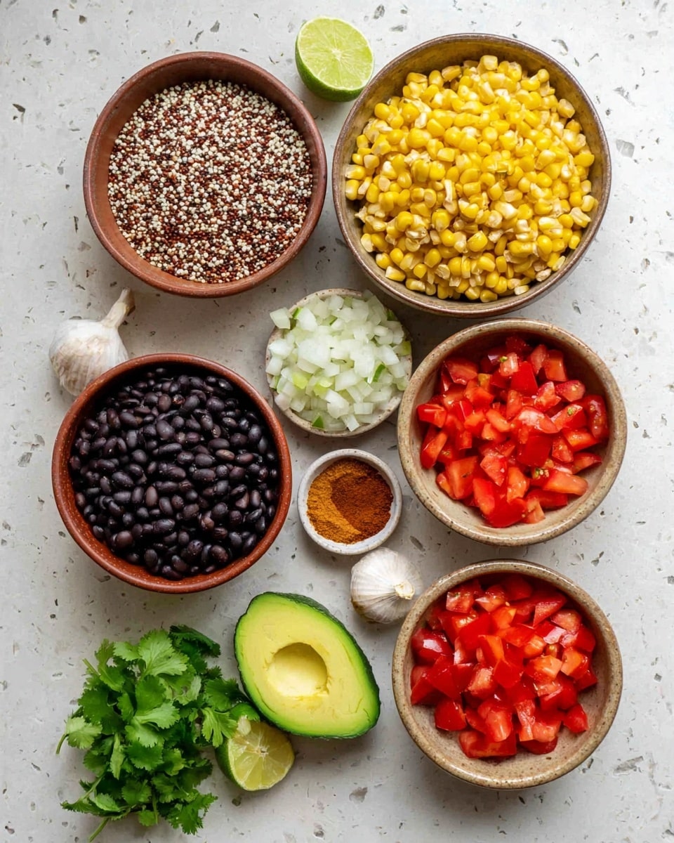 The image shows six bowls of ingredients arranged on a white marbled surface. Starting from the top right, there is a round bowl filled with bright yellow corn kernels. Below it, a bowl holds a mix of red, white, and black quinoa seeds. To the left, another round bowl contains black beans with a shiny texture. Below the black beans is a bowl split into two halves, one filled with chopped white onions and the other with chopped red bell peppers. At the bottom right, a smaller bowl contains diced red tomatoes. Around the bowls, there are two halves of an avocado with green flesh and a brown seed, a lime half, two garlic cloves, a small bunch of cilantro, and a tiny bowl with spices that include a reddish powder and a lighter brown powder. photo taken with an iphone --ar 4:5 --v 7