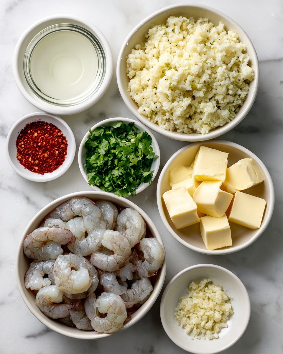The image shows seven white bowls arranged on a white marbled surface, each filled with different cooking ingredients. In the center is a medium bowl filled with raw gray shrimp with a slightly shiny texture. To the right, there is a bowl filled with light yellow cauliflower rice, looking fluffy like rice grains. Next to it, a small bowl contains three thick cubes of pale yellow butter. Above the shrimp bowl is a small bowl filled with finely chopped bright green cilantro. To the left of the shrimp bowl, another small bowl contains white lime juice with a smooth surface. Below that, a tiny bowl holds minced pale yellow garlic. At the top left corner, a small bowl with bright red paprika mixed with white salt and black pepper sits. The clean, simple setup highlights the fresh, distinct layers and colors of the ingredients photo taken with an iphone --ar 4:5 --v 7
