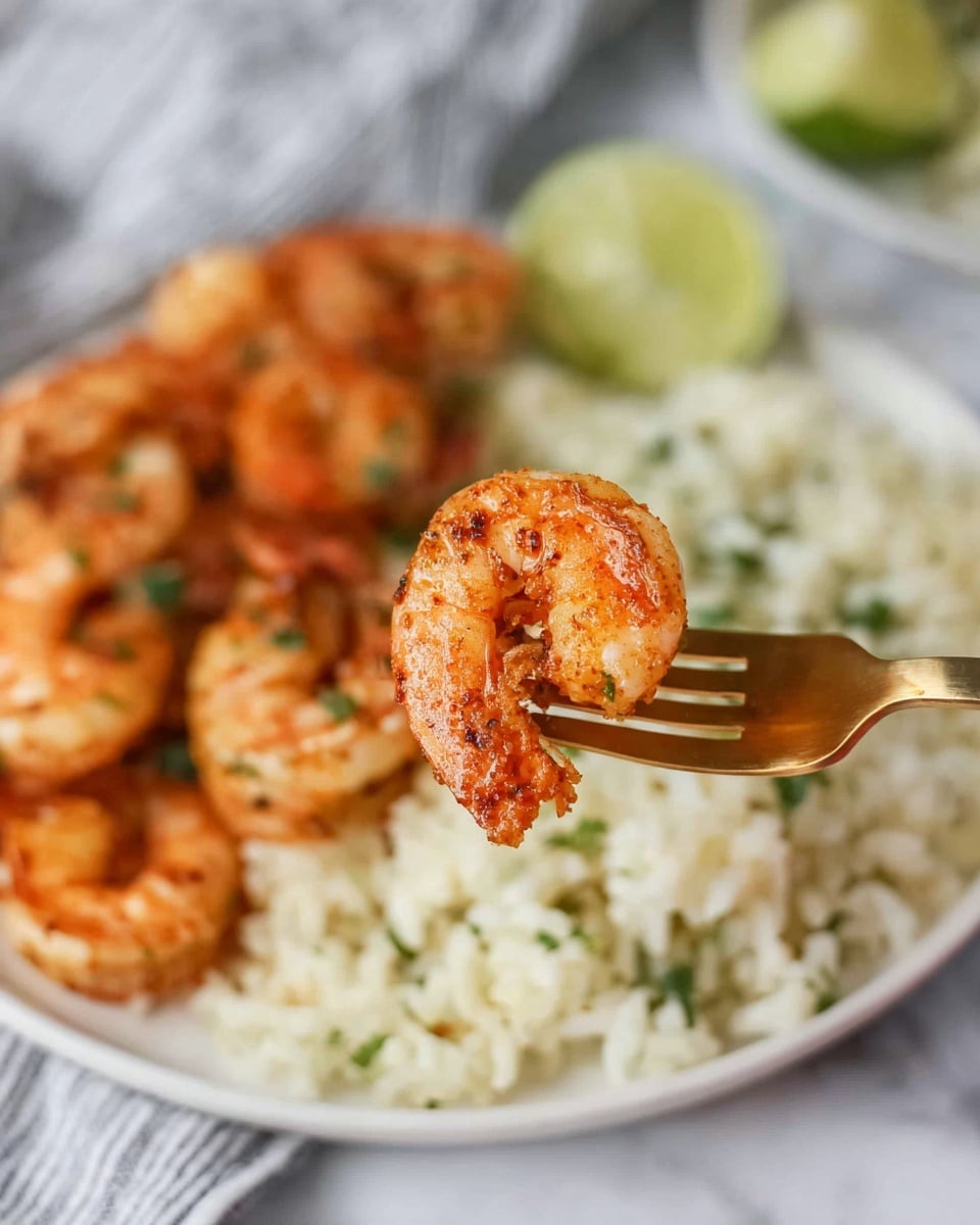 A close-up view shows a golden-brown cooked shrimp held by a gold fork, resting on a small pile of white rice mixed with green herbs. In the background, more shrimp and rice sit on a white plate, with two lime wedges adding a bright green accent near the rice. The plate is on a white marbled surface with a blurred soft striped cloth visible in the corner. The photo taken with an iphone --ar 4:5 --v 7
