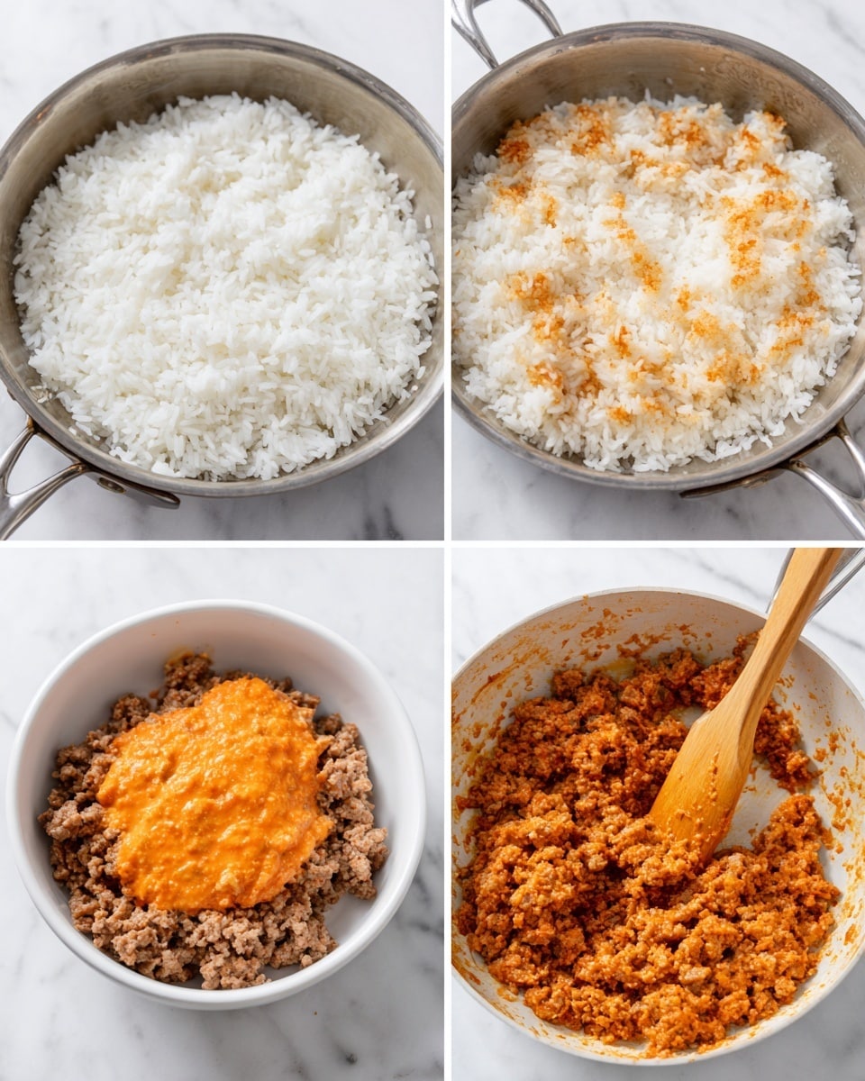 The image shows four stages of cooking and mixing ingredients. The first section on the top left shows a silver pan filled with steamed white rice, with a fluffy texture covering the bottom evenly. The top right section shows the same pan but now the rice has a light golden crust forming on the surface, adding texture and color contrast. The bottom left section has a white bowl containing browned ground meat and a thick orange sauce placed on top of the meat, vibrant and smooth. The bottom right section shows the white bowl again, now with the meat and sauce fully mixed into a consistent orange-brown mixture, stirred with a wooden spatula inside the bowl. The background and surface throughout are white marbled texture. photo taken with an iphone --ar 4:5 --v 7