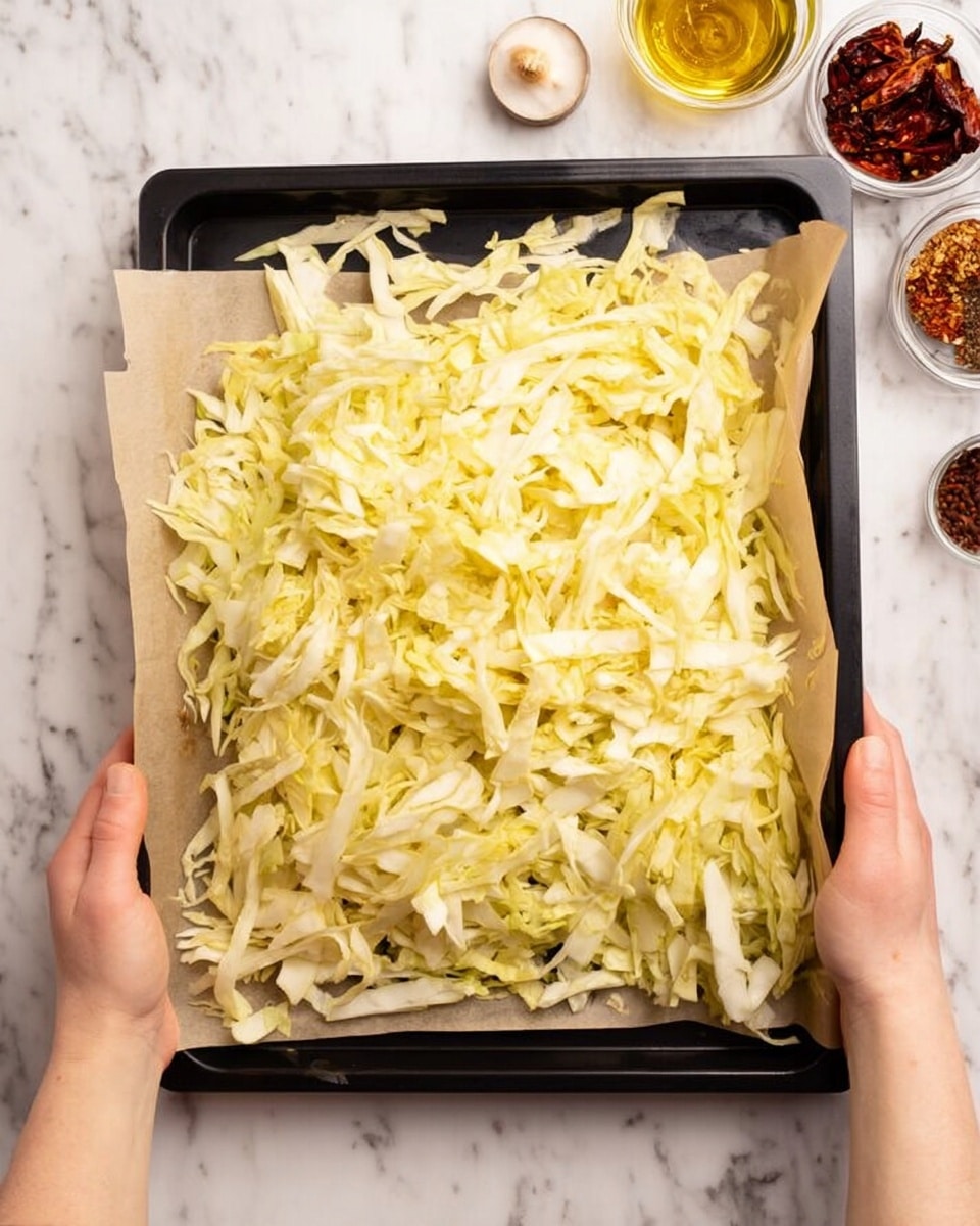 A large black baking tray lined with parchment paper is fully covered with uneven, long thin strips of pale yellow cabbage. A woman's hands hold the tray on both sides, and the background is a white marbled surface with small containers full of ingredients like chili flakes, garlic, oil, and dried tomatoes placed around. The cabbage strips look fresh and slightly curled, filling the tray completely. Photo taken with an iphone --ar 4:5 --v 7