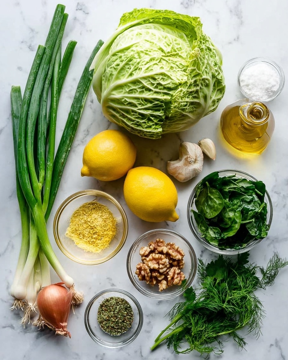 A white marbled surface holds several fresh ingredients arranged neatly: a whole green cabbage with a smooth texture sits at the center top; below it to the left are five green onions with long green tops and white bulb ends; next to the onions are two bright yellow lemons placed side by side; a small pile of leafy dark green spinach fills a transparent glass bowl on the right; fresh green herbs including flat parsley and feathery dill lie below the spinach; a small transparent bowl of chopped walnuts sits at bottom center; next to it on the left are two peeled garlic cloves and a shallot with a smooth reddish-brown skin; a small glass bowl of yellow nutritional yeast flakes is placed near the center; nearby are a bowl of olive oil with a golden color and a clear small bowl each holding white salt and light vinegar; lastly, a small bowl of dried green herbs completes the spread, all laid out on a white marbled surface like a clean kitchen counter photo taken with an iphone --ar 4:5 --v 7