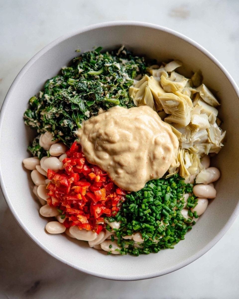 The image shows a white bowl with five layers of different ingredients. At the bottom is a layer of small white beans. On top of the beans, starting from the top right and moving clockwise, there is a layer of chopped light beige artichoke pieces, then a large dollop of thick, creamy beige sauce slightly off-center. Below the sauce is a bright layer of finely chopped red bell peppers. Next to the peppers is a green layer made of finely chopped herbs and chives. Lastly, near the top left, a darker green layer of chopped cooked greens and onions finishes the circle. The bowl rests on a white marbled surface photo taken with an iphone --ar 4:5 --v 7