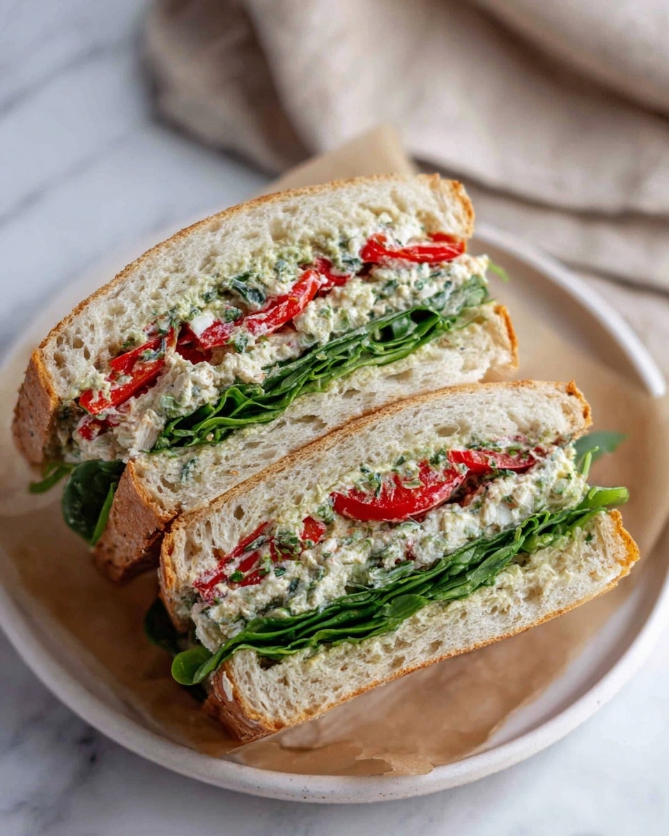 The image shows a sandwich cut into two halves, placed on a white plate with parchment paper. The sandwich has three main visible layers inside thick slices of soft bread: the bottom layer is fresh green leafy spinach, the middle layer is white creamy spread mixed with chopped green herbs, and the top layer is roasted red bell pepper strips. The bread is light brown on the outside with a soft and airy white inside. The background is a white marbled surface with a beige cloth in the corner. Photo taken with an iphone --ar 4:5 --v 7
