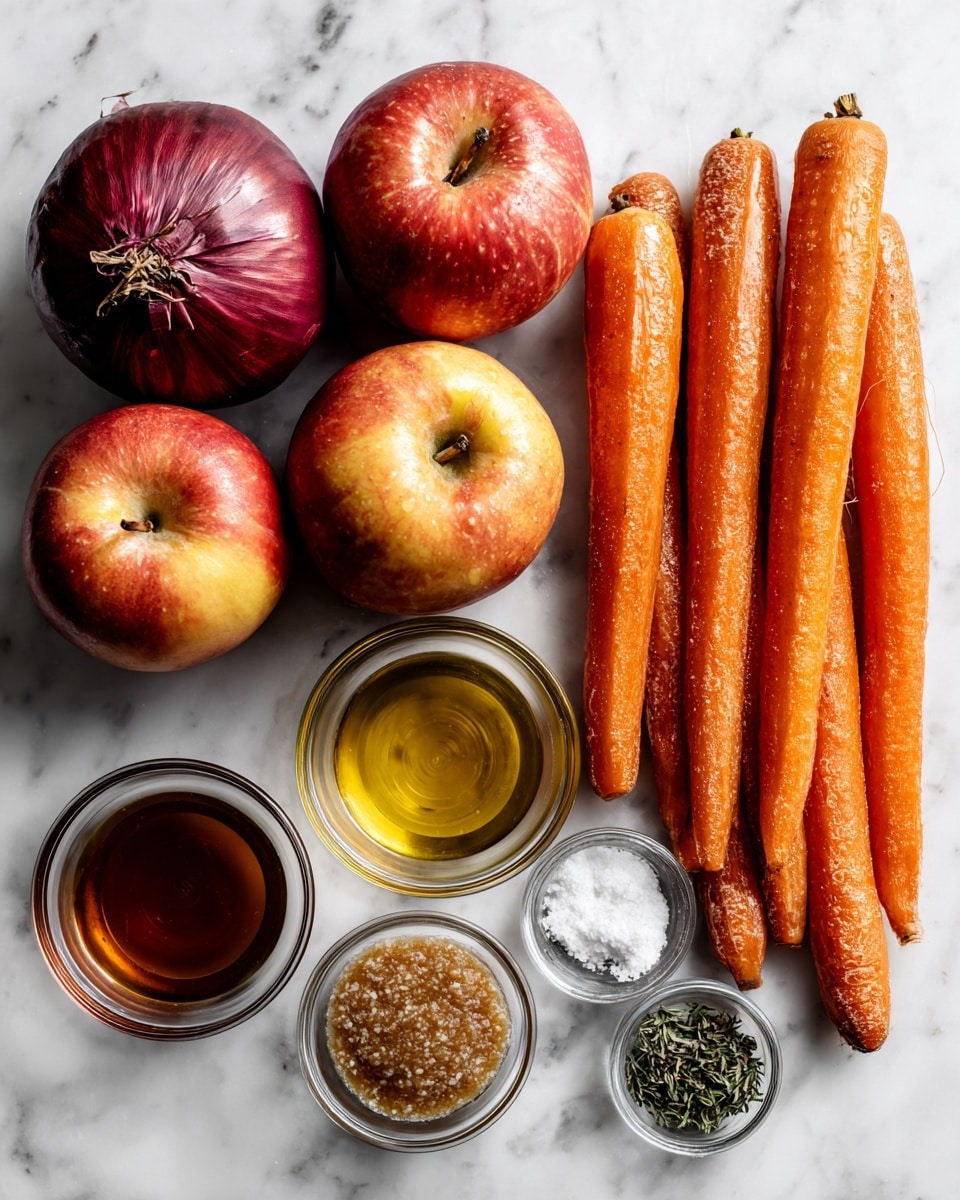 The image shows fresh ingredients neatly arranged on a white marbled surface. There is one red onion on the left side, next to three yellow-red apples clustered in the center. To the right, five long orange carrots lay side by side, with five small garlic cloves below them. Below the onion and apples, there are three small clear glass bowls stacked in two rows: the first row has a bowl of golden olive oil and to its left a bowl of dark maple syrup, and in the second row a bowl of grainy Dijon mustard is placed below the olive oil. To the right of these bowls are three small silver measuring spoons filled with dried thyme, white sea salt, and black pepper, arranged vertically from top to bottom. Photo taken with an iphone --ar 4:5 --v 7