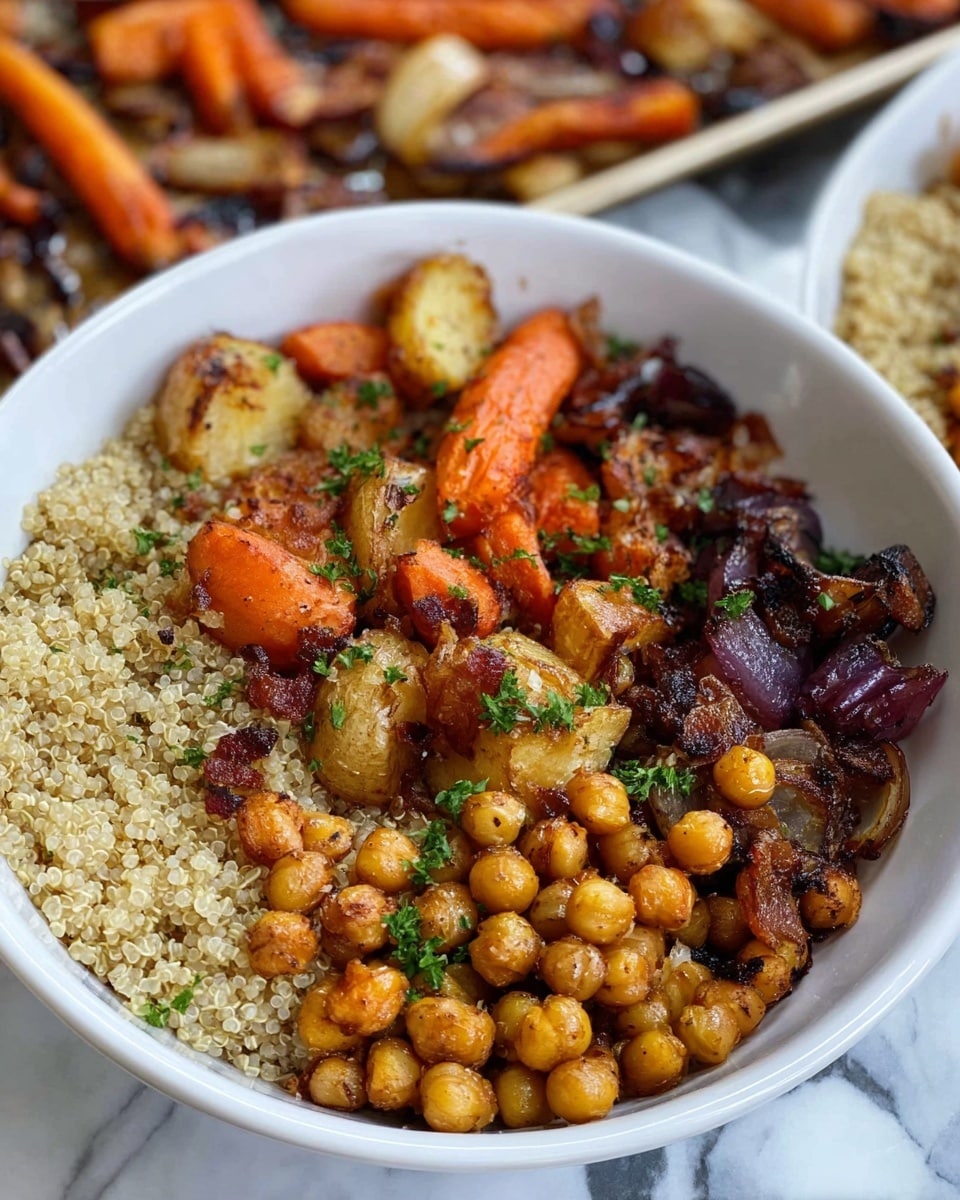 A white bowl filled with three layers, starting from the bottom with a base of light beige quinoa grains that look soft and fluffy. On top of the quinoa are two main layers side by side: on the left, there is a mix of roasted vegetables featuring orange carrot slices, golden brown roasted potato chunks, and dark red pieces of cooked onion, all slightly charred. On the right, there is a serving of golden roasted chickpeas, round and crispy-looking. Green parsley leaves are sprinkled on top of the vegetables, adding a fresh touch. The bowl sits on a white marbled surface, with a roasted vegetable tray blurred in the background. photo taken with an iphone --ar 4:5 --v 7