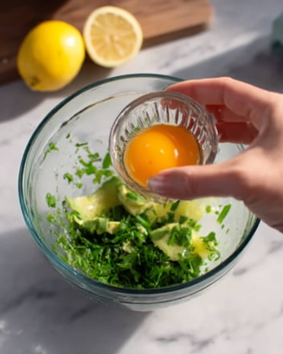 A woman's hand holds a small glass bowl with a bright orange egg yolk above a transparent glass mixing bowl. Inside the mixing bowl are finely chopped green herbs and slices of pale green avocado resting on the bottom. The background is a white marbled surface, and a halved lemon with a yellow color is placed near the top left corner. The scene is well lit with natural light, highlighting the fresh ingredients and clear glass bowls. Photo taken with an iphone --ar 4:5 --v 7