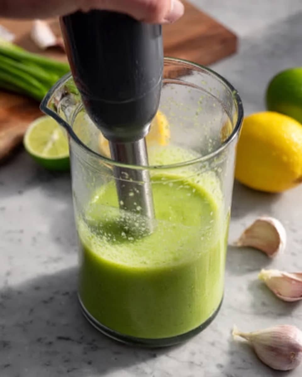 A clear glass container filled with a bright green, smooth sauce being mixed by a black immersion blender. A woman's hand holds the blender, and the background shows garlic cloves, a lemon half, and a lime on a white marbled surface. The sauce looks creamy with a uniform texture, and the scene is softly lit with natural light. Photo taken with an iphone --ar 4:5 --v 7