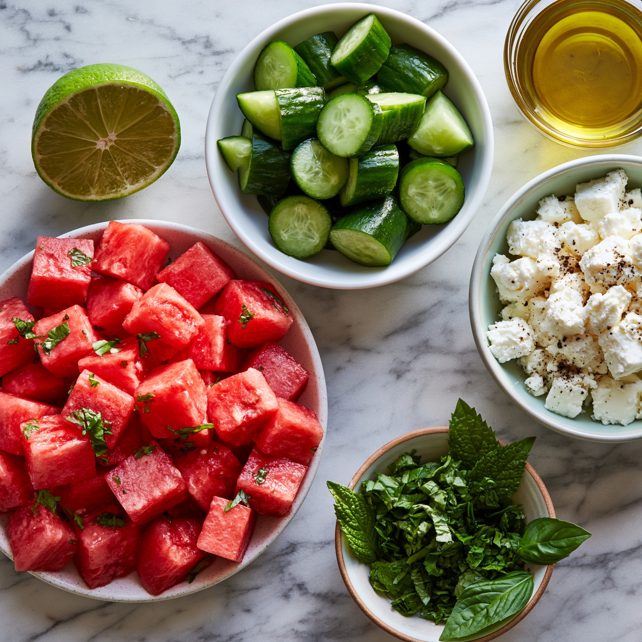 A white bowl filled with a fresh salad made of three main layers: bright red watermelon cubes, light green cucumber slices with dark green skin, and small white cheese cubes sprinkled evenly on top. The salad is topped with a light sprinkle of chopped green herbs and black pepper. The bowl sits on a white marbled surface next to a blue cloth napkin with two silver forks resting on it and some round cucumber slices scattered nearby. Photo taken with an iphone --ar 4:5 --v 7