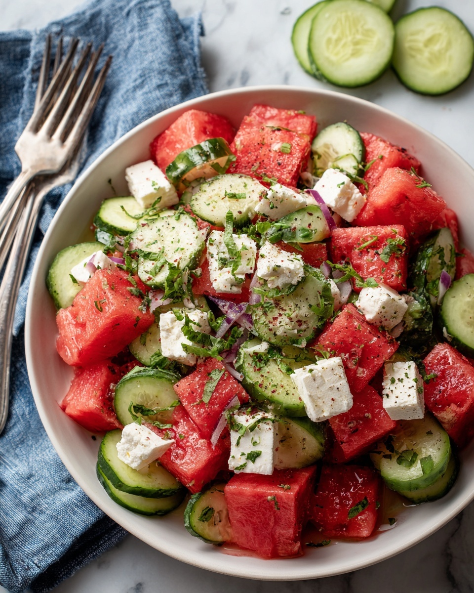 A bowl filled with a fresh salad showing three main layers: large, red watermelon cubes with a smooth, juicy texture, bright green cucumber slices that are thin and slightly curved, and small white cheese cubes with a soft, crumbly look scattered evenly throughout. The salad is sprinkled lightly with chopped green herbs and black pepper, adding a speckled contrast on top. The bowl is white and set on a white marbled surface with a blue cloth nearby and some round cucumber slices in the background. Photo taken with an iphone --ar 4:5 --v 7
