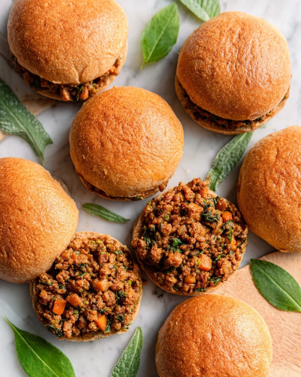 The image shows a white marbled surface with six round sandwiches made of soft brown buns. Three of these sandwiches are closed, showing the smooth golden-brown top of the bun. The other three are open, revealing a mix of light and dark cooked minced meat with herbs, placed neatly inside the bottom half of the buns. Around the sandwiches are green leaves, adding color contrast. The lighting makes the buns look soft and fresh, and the cooked filling looks slightly crumbly but moist. photo taken with an iphone --ar 4:5 --v 7