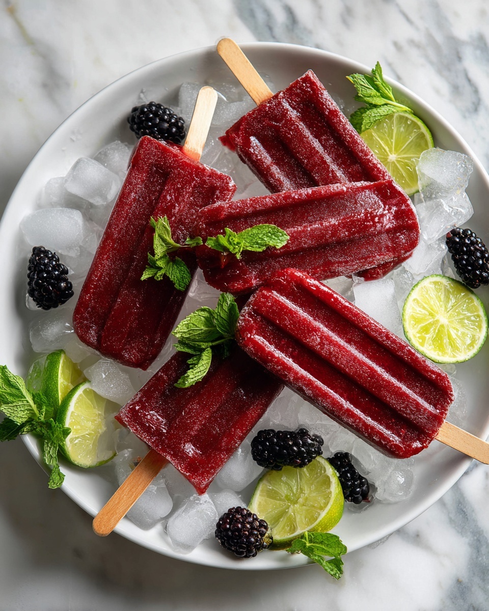 The image shows six dark red popsicles arranged on crushed ice in a round white bowl. The popsicles have wooden sticks and a glossy, smooth texture. Around the popsicles, there are fresh green mint leaves and thin lime slices placed evenly. A few blackberries are also scattered among the ice. The bowl sits on a white marbled surface. Photo taken with an iphone --ar 4:5 --v 7