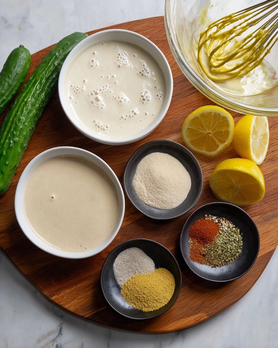 The image shows a wooden board with several small white bowls and black dishes filled with different ingredients. There is one larger white bowl with a creamy light beige sauce that has small bubbles on the surface, a medium white bowl with thick white sauce, and a smaller white bowl with a smooth light brown sauce. Two black dishes display powdered ingredients: one with a yellow powder and the other with mixed spices in white, black, green, and red shades. Two fresh green cucumbers and two lemon halves with bright yellow skin and light interior are also on the board, along with part of a large clear glass mixing bowl with a yellow and silver whisk inside. The surface under the board is a white marbled texture photo taken with an iphone --ar 4:5 --v 7