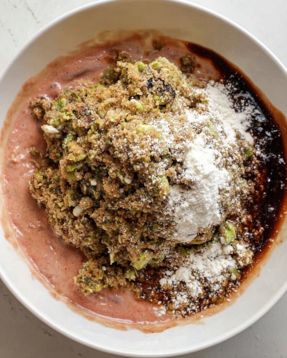 In a white bowl on a white marbled surface, there are several layers of ingredients for a recipe. The bottom layer is a smooth pinkish liquid that fills the base of the bowl. On top of that, a dark thick sauce is partially covering one side of the bowl. Over the sauce and liquid, there is a large mound of mixed, chopped green and brown ingredients that look crumbly and textured, sitting slightly off-center in the bowl. Scattered across the top of all these layers is a fine white powder, mostly covering the mound and parts of the sauce and liquid around it. photo taken with an iphone --ar 4:5 --v 7