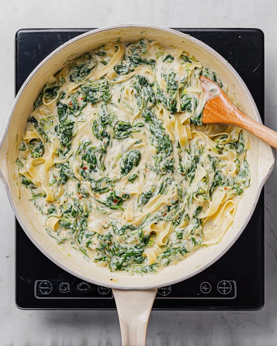 A white pan filled with creamy spinach pasta sauce showing visible green spinach leaves mixed evenly throughout a white, smooth, and slightly thick sauce. Wide, pale yellow pasta strips are partially covered by the sauce, scattered across the pan in layers. A wooden spoon is stirring the sauce in the right side of the pan, creating a swirled texture in the creamy layer. The pan sits on a black electric cooktop with control buttons visible below. The whole setup is on a white marble textured surface. photo taken with an iphone --ar 4:5 --v 7
