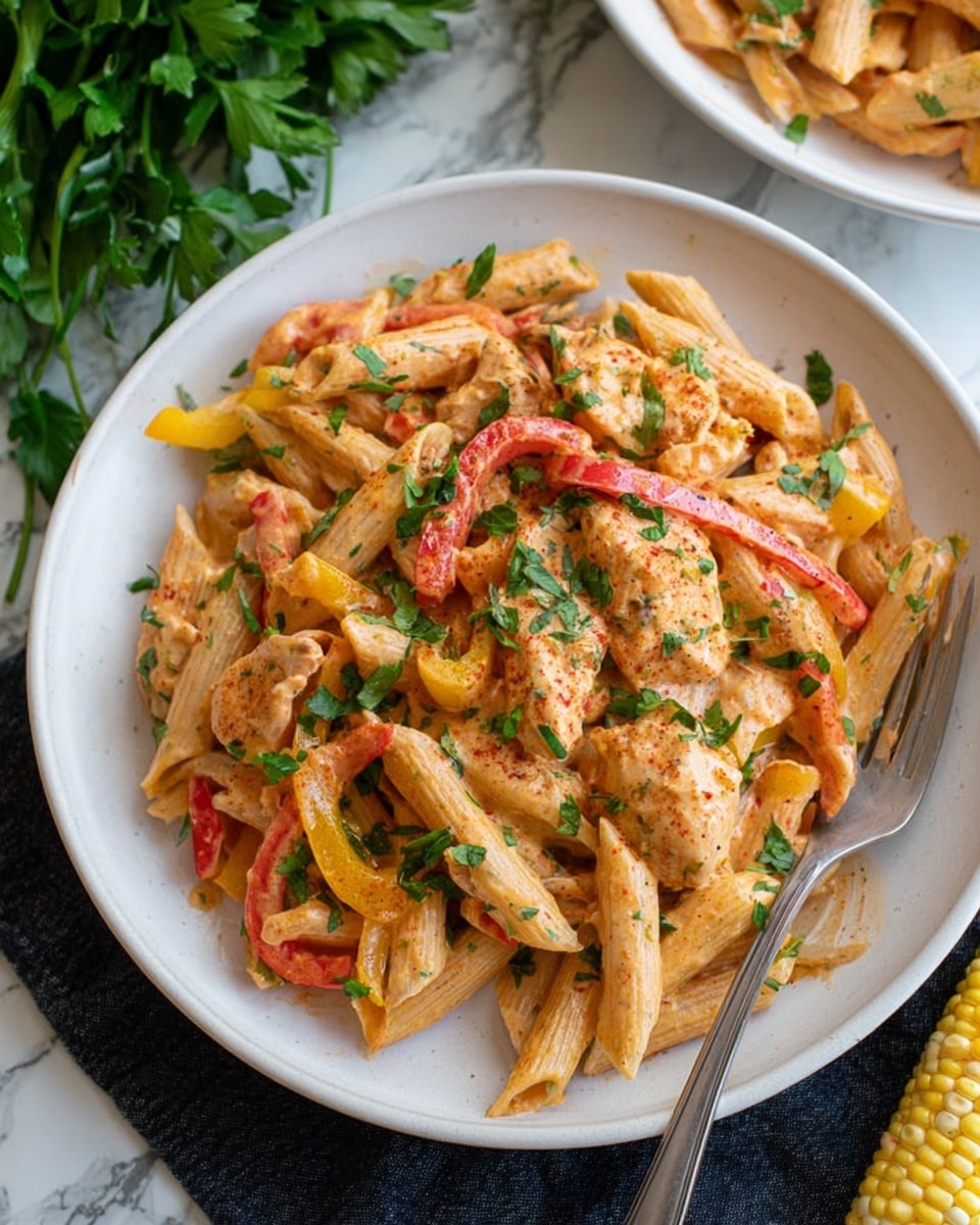 A white round plate holds a creamy pasta dish consisting of penne pasta coated in a light orange sauce. Mixed throughout are pieces of light brown cooked chicken, strips of red and yellow bell peppers, and sprinkles of green parsley leaves on top. The plate rests on a dark cloth and a fork lies inside the plate on the left side. The background is a white marbled surface with a bunch of fresh green parsley on the top left and a yellow corn cob at the bottom right corner. Photo taken with an iphone --ar 4:5 --v 7