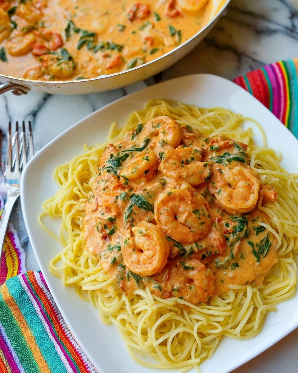 A white square plate holds a serving of yellow spaghetti noodles topped with a creamy orange sauce that has herbs and small pieces of vegetables. Large pink shrimp sit on top and in the sauce, with green spinach leaves mixed in. The sauce looks thick and rich, coating the pasta and shrimp. Part of a white pan with more sauce and shrimp is visible on a white marbled surface next to the plate. A fork rests to the left side on a colorful striped cloth. Photo taken with an iphone --ar 4:5 --v 7