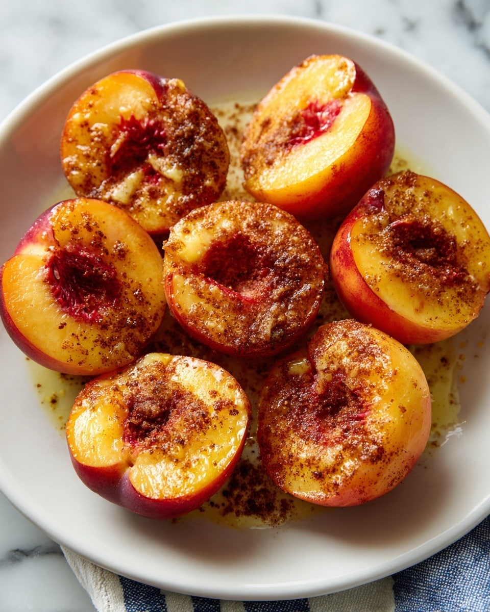The image shows a white dish holding seven peach halves, each peach sliced down the middle and placed with the cut side up. Each peach half has a rich orange-yellow flesh with red areas near the pit cavity. The peach pits have been removed and replaced with a creamy light green pat of butter melting slightly. The surface of the peach halves is sprinkled with ground cinnamon or spice, creating a warm brown dusting. The dish itself is resting on a white marbled surface with part of a blue and white striped cloth visible at the edge. Light reflects softly off the juicy, slightly caramelized peach surface. Photo taken with an iphone --ar 4:5 --v 7