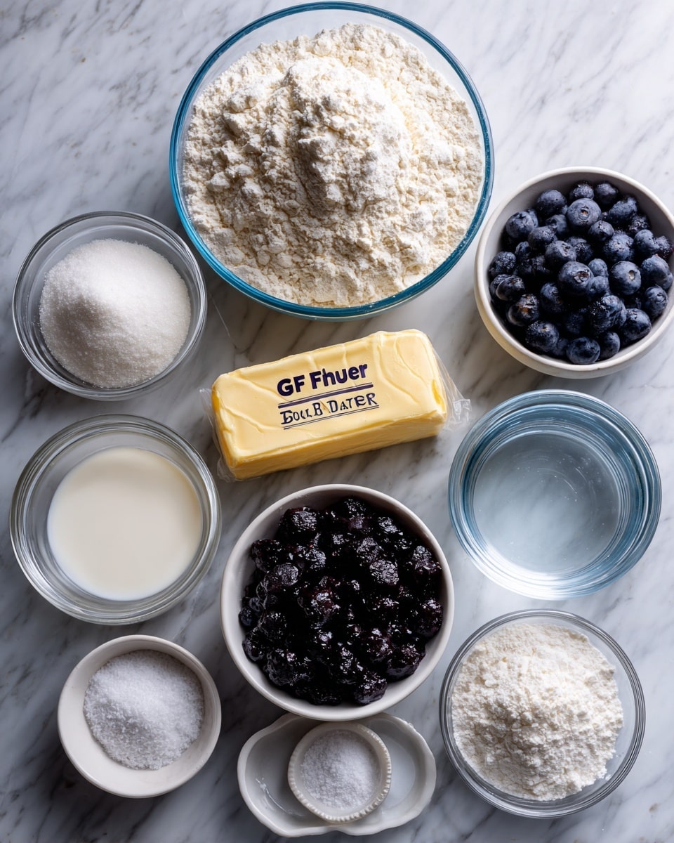 The image shows nine clear glass bowls arranged on a white marbled surface, each containing different ingredients. The largest bowl at the top center holds white textured gluten-free flour, labeled