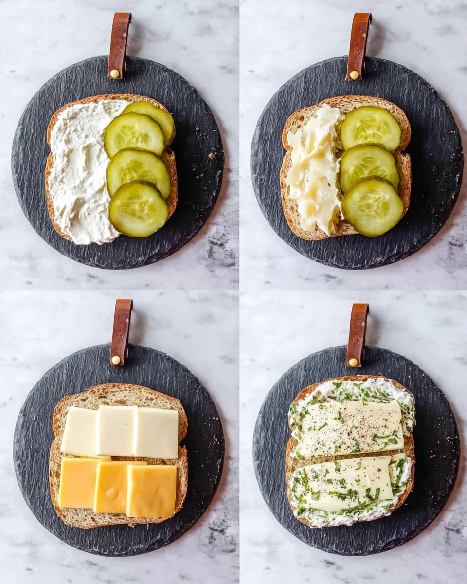 A sequence of four images shows a sandwich being made on a round dark slate board with a leather loop on a white marbled surface. The first layer is a slice of bread covered evenly with white cream spread. The second image adds a layer of round green pickle slices on top of the cream. The third image places two layers of cheese slices; a yellow cheese slice underneath and several smaller white cheese squares on top, sprinkled lightly with black pepper. The final image shows a second slice of bread with green herbs spread on the white cream, placed on top to complete the sandwich. Photo taken with an iphone --ar 4:5 --v 7