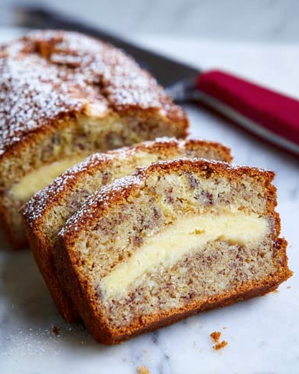 The image shows a close-up of a loaf of banana cake sliced to reveal its inside layers. The cake has a soft, speckled light brown texture with visible small pieces of banana spread evenly throughout. Inside, there is a thick pale yellow creamy layer running horizontally through the middle, contrasting with the cake’s crumb. The top of the cake is dusted with a light layer of white powdered sugar, adding a delicate touch. The slices are placed on a white marbled surface, with a knife that has a red handle laying nearby, and a woman's hand gently holding the knife. Photo taken with an iphone --ar 4:5 --v 7