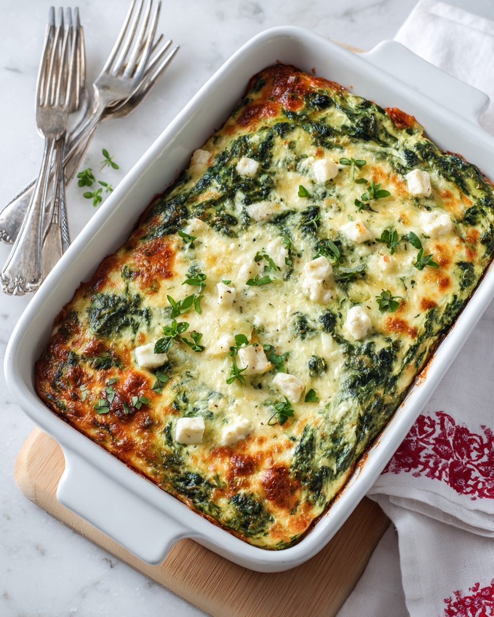 A white rectangular baking dish filled with a green and white layered spinach casserole that has a soft, slightly browned top layer speckled with melted cheese and chopped spinach. The casserole is cut into square pieces, with one piece missing from the front left corner revealing a white creamy cheese layer beneath the green spinach top. A small sprig of fresh green herb sits on top near the cut edge. The dish rests on a white marbled surface, and in the blurred background, there is a silver fork on a white napkin. Photo taken with an iphone --ar 4:5 --v 7