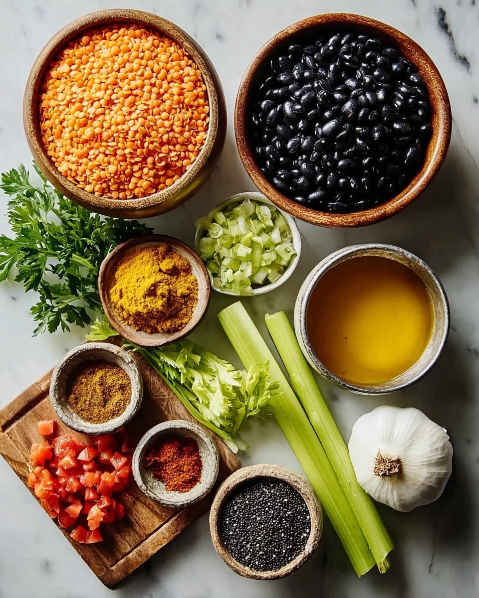 The image shows an arrangement of ingredients on a white marbled surface. There is a wooden bowl filled with shiny black beans, next to a round bowl of bright orange lentils. A metal bowl contains a golden yellow liquid, and beside it lies a whole yellow onion and two stalks of fresh celery. A white garlic bulb rests nearby. There are small bowls filled with finely chopped celery, turmeric powder, and a reddish-brown spice mix. On a small wooden board, diced red tomatoes and a pile of dark cumin seeds are placed. A sprig of fresh green parsley adds color on the side. Photo taken with an iphone --ar 4:5 --v 7