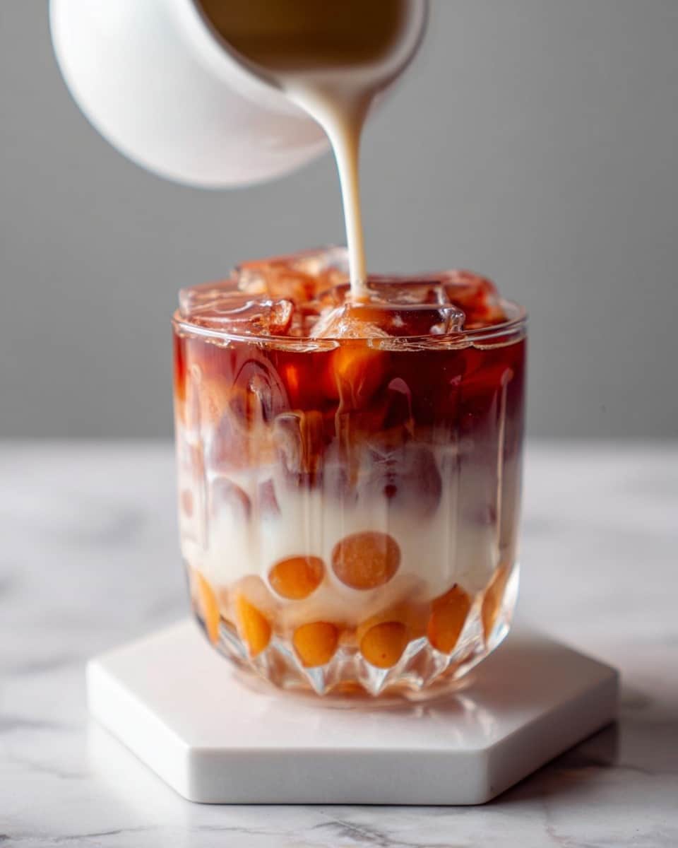 A clear glass with a wavy edge and unique shape holds four visible layers: the bottom layer consists of small, round orange balls, above that is a translucent light layer with some floating pieces, then a thick white creamy layer fills the middle, and the top layer shows a rich red-brown liquid with ice cubes inside. A woman's hand is pouring more white creamy liquid from a small white pitcher into the glass, causing the cream to gently mix with the red-brown layer above. The glass is placed on a white hexagonal coaster, which sits on a larger white marbled surface. The background is softly blurred and light gray, focusing attention on the glass and the pouring action. photo taken with an iphone --ar 4:5 --v 7