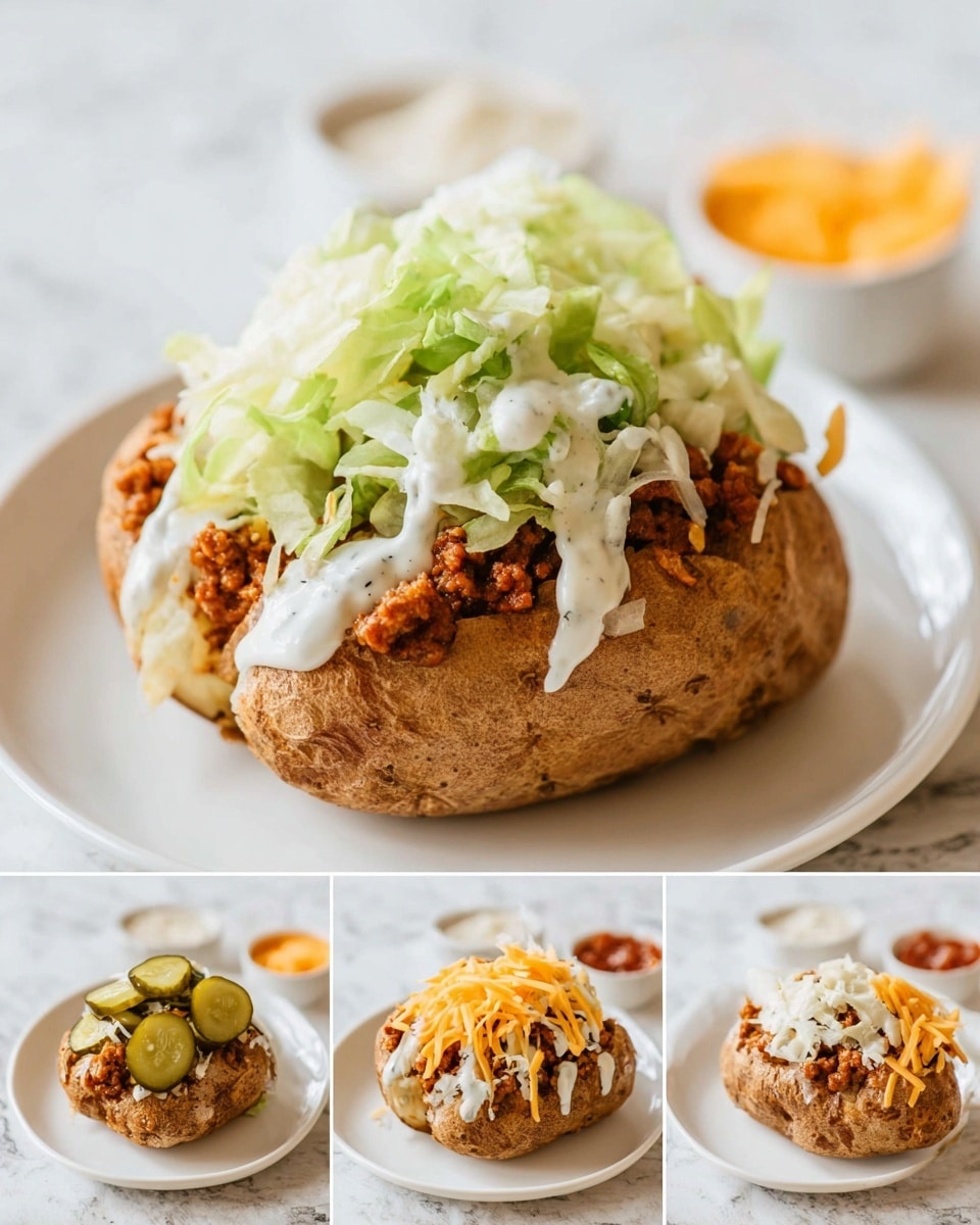 The image shows a baked potato on a white plate with four layers of toppings. The first layer is shredded light green lettuce piled on top of the brown, textured potato skin. The second layer adds cooked ground meat, brown and crumbly, spread evenly over the lettuce. The third layer is bright orange shredded cheese sprinkled on top of the meat. The fourth layer consists of sliced pickles and a creamy white sauce drizzled over all the layers, slightly running down the sides of the potato. The plate sits on a white marbled surface with a soft light, giving a clean and fresh look. Photo taken with an iphone --ar 4:5 --v 7