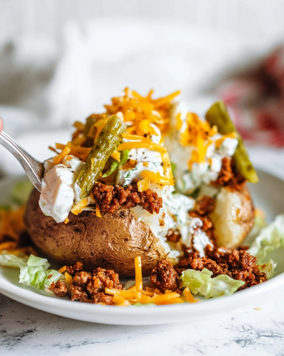 The image shows a baked potato on a white plate with a white marbled surface beneath. The potato skin is brown and crispy. On top, there are four main visible layers: the bottom layer is crumbled cooked ground meat, the second layer is green pickle slices standing upright, the third layer consists of lightly shredded orange cheddar cheese scattered around, and the top layer is dollops of white sour cream with small bits of lettuce pieces mixed in. A fork with a woman's hand is picking up a slice of pickle from the middle of the dish. The overall appearance is warm and inviting with a mix of soft and crunchy textures. photo taken with an iphone --ar 4:5 --v 7